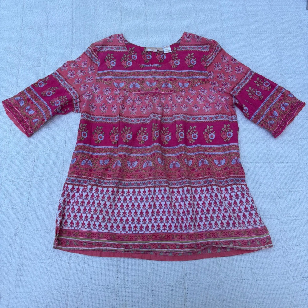 Women's Large LA CERA Pink India Boho Loose Flowy Half Sleeve Cotton Top
